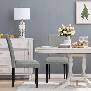 Costway Set Of 2 Fabric Dining Chairs Upholstered W Nailhead Trim Wood Legs Light Grey