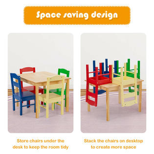 Costway Kids 5 Piece Table Chair Set Pine Wood Multicolor Children Play