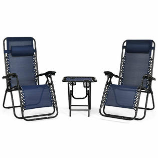 Costway Op3475ny 3pcs Zero Gravity Recliner Lounge Chairs Pillows Table Portable Folding Navy