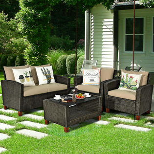 Costway Hw66522bn 4pcs Patio Rattan Furniture Set Solid Wood Leg Cushioned Sofa Garden Lawn