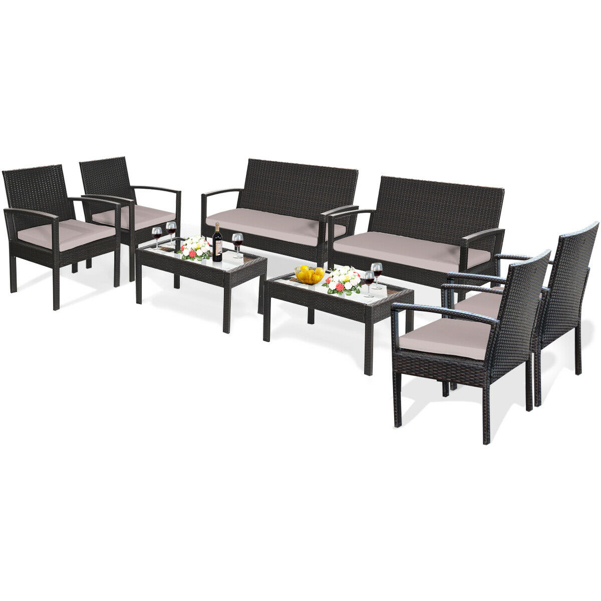 Costway 2hw62367bn 8pcs Patio Rattan Furniture Set Cushioned Loveseat Armrest Garden Backyard Brown