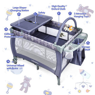 Babyjoy Portable Foldable Baby Playard Playpen Nursery Center W Changing Station Grey