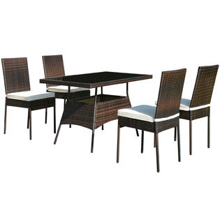 Costway Hw66855 5 Pcs Patio Rattan Dining Set Glass Table High Back Chair Garden Deck Mix Brown
