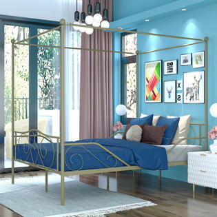 Costway Full Size Metal Canopy Bed Frame 4 Poster Steel Slats Headboard Footboard Gold