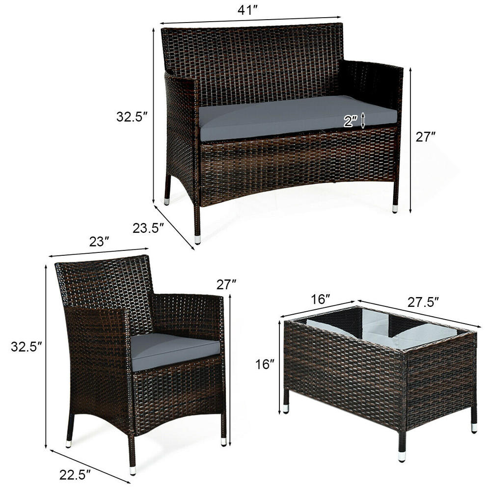 Costway 4PCS Rattan Patio Furniture Set Cushioned Sofa Chair Coffee Table Garden Grey