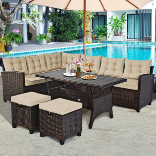 Costway Hw63225hw63237 5pcs Patio Rattan Dining Set Cushioned Sofa Ottoman Slat Table Garden Furniture