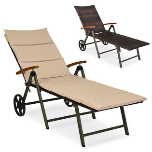 Costway Hw63221 Folding Patio Rattan Lounge Chair Chaise Cushioned Aluminum Adjust Wheel