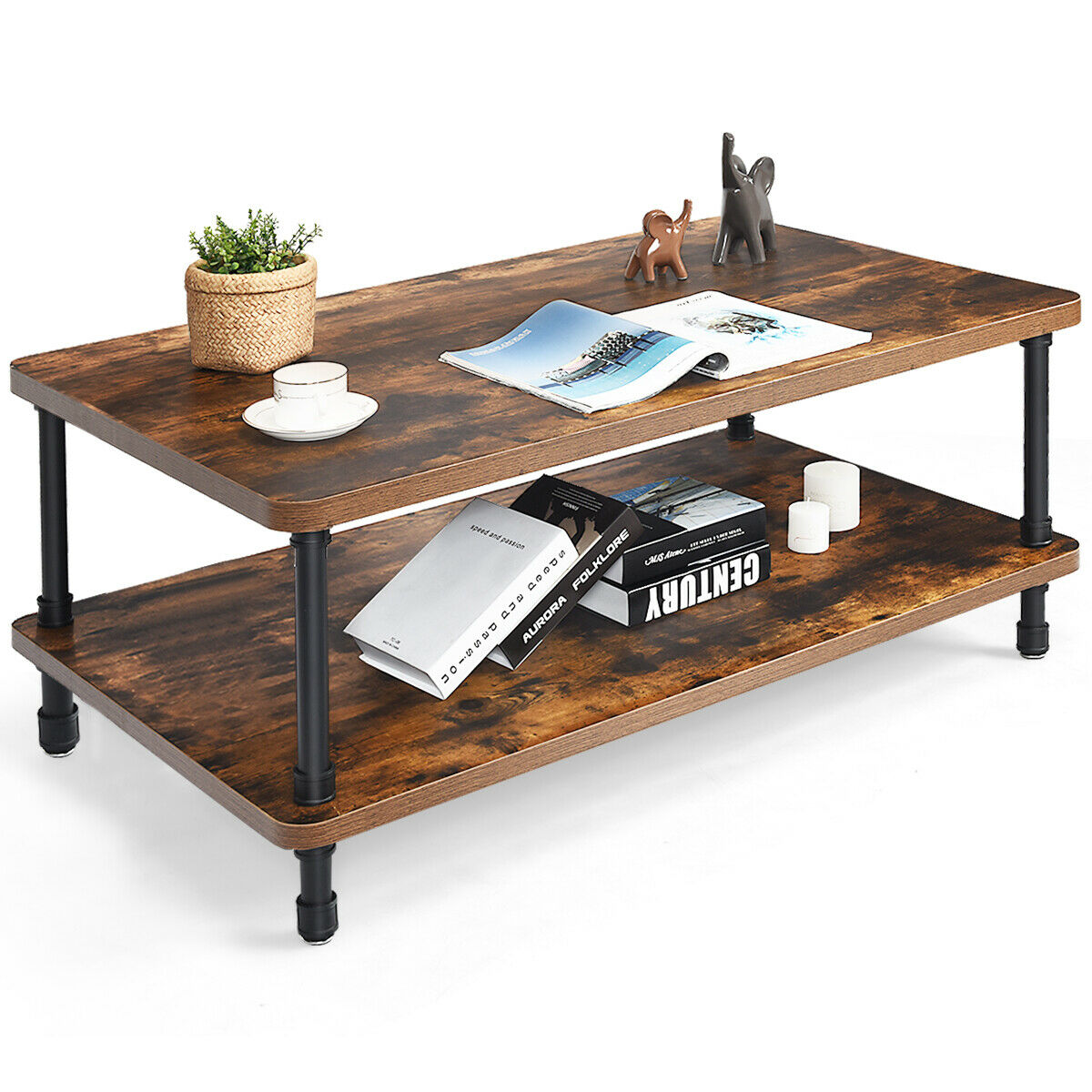 Costway Industrial Coffee Table Rustic Accent Table Storage Shelf Living Room Furniture
