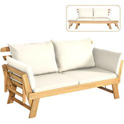 Costway Patio Convertible Sofa Daybed Solid Wood Adjustable Furni Thick Cushion White