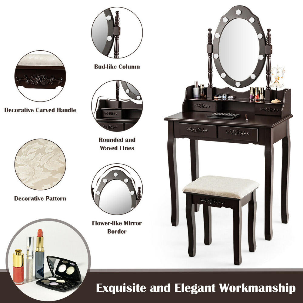Costway Makeup Vanity Dressing Table Set w/10 Dimmable Bulbs Cushioned Stool Brown