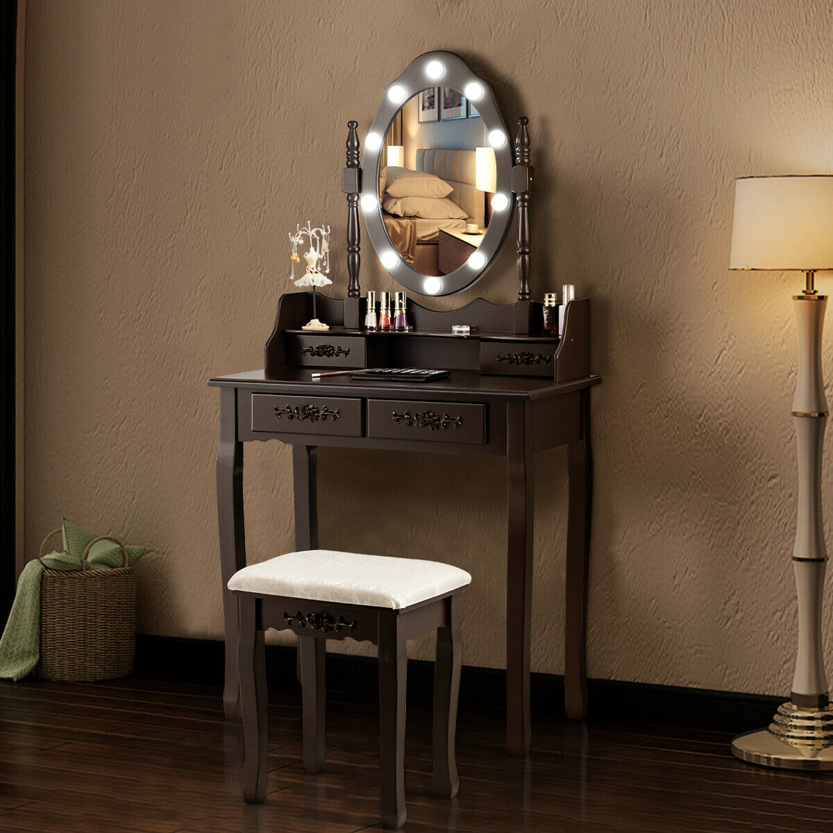 Costway Makeup Vanity Dressing Table Set w/10 Dimmable Bulbs Cushioned Stool Brown