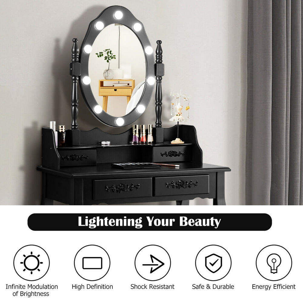 Costway Makeup Vanity Dressing Table Set w/10 Dimmable Bulbs Cushioned Stool Black