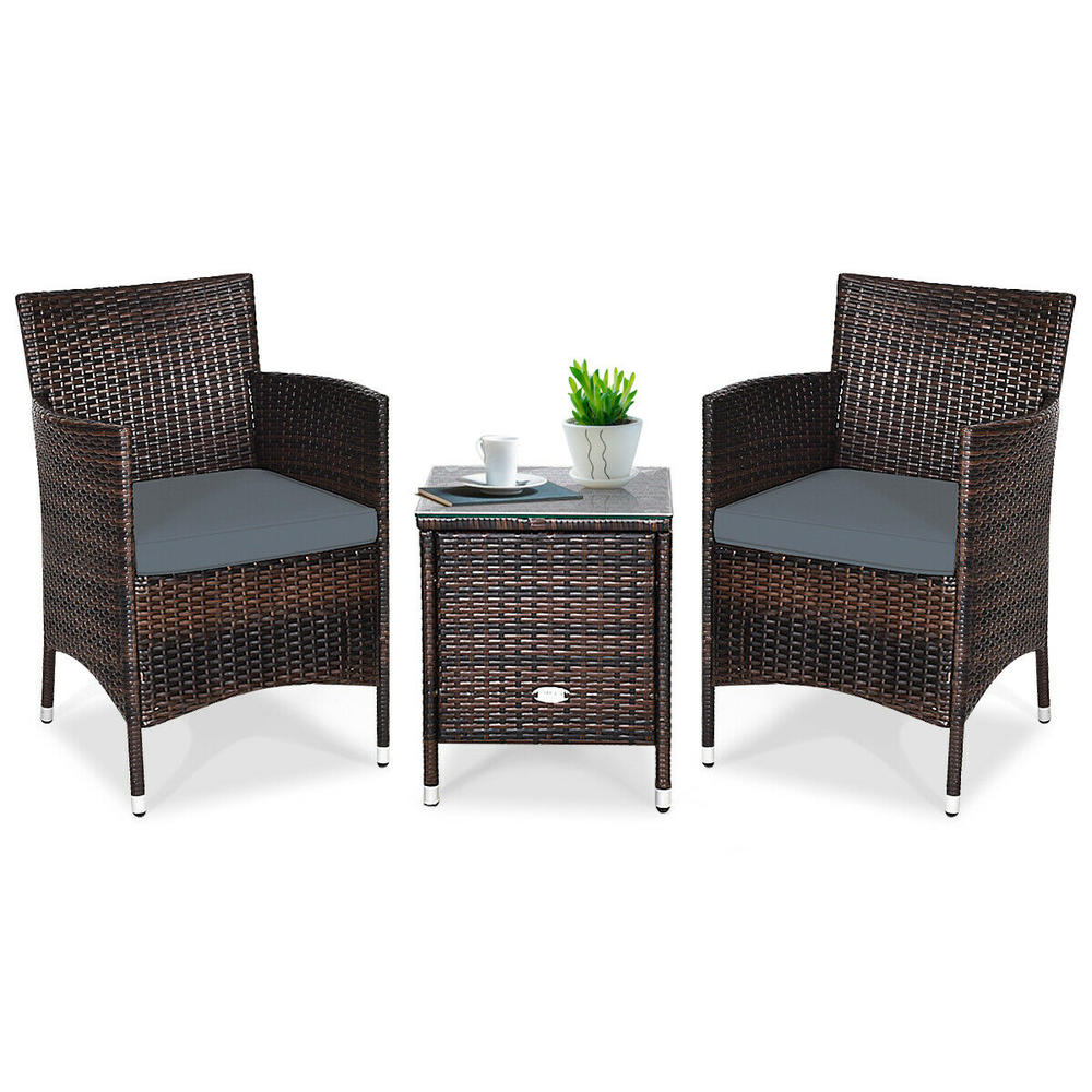 Costway Outdoor 3 PCS PE Rattan Wicker Furniture Sets Chairs Coffee Table Garden Gray