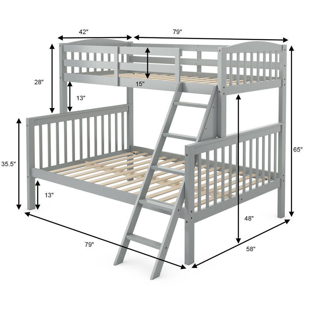 Costway Twin over Full Bunk Bed Rubber Wood Convertible with Ladder Guardrail Grey