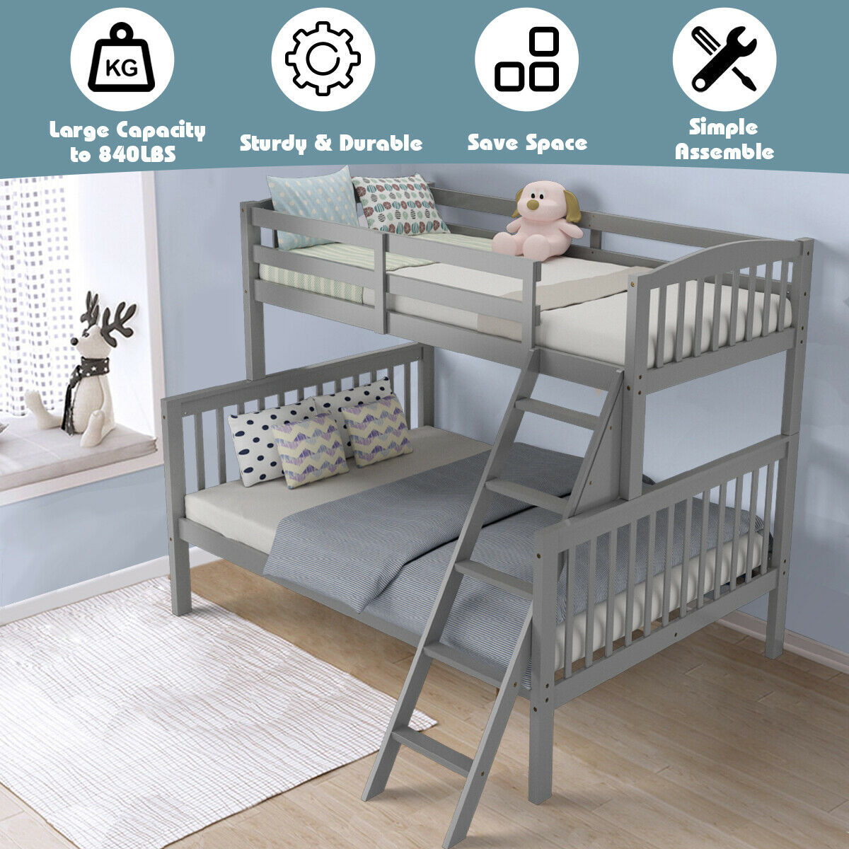 Costway Twin over Full Bunk Bed Rubber Wood Convertible with Ladder Guardrail Grey