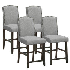 Costway Set of 4 Fabric Barstools Nail Head Trim Counter Height Dining Side Chairs Grey