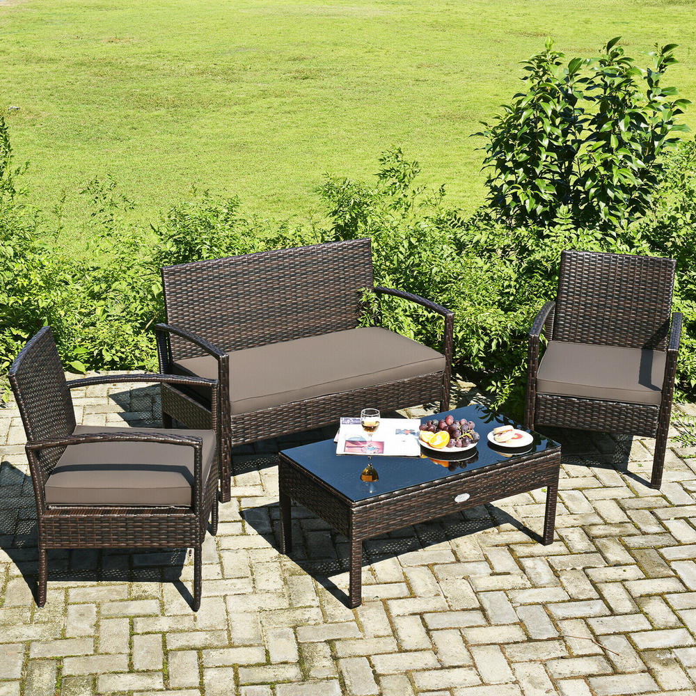 Costway 4PCS Outdoor Patio Rattan Furniture Set Cushioned Sofa Coffee