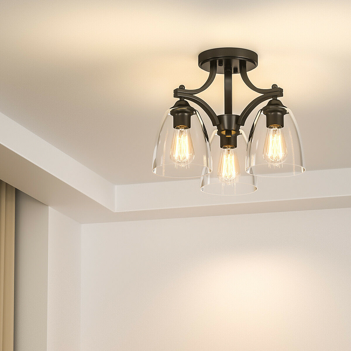 Costway 3-Light Semi Flush Mount Ceiling Light Fixture Vintage Clear Glass  Pendant Lamp