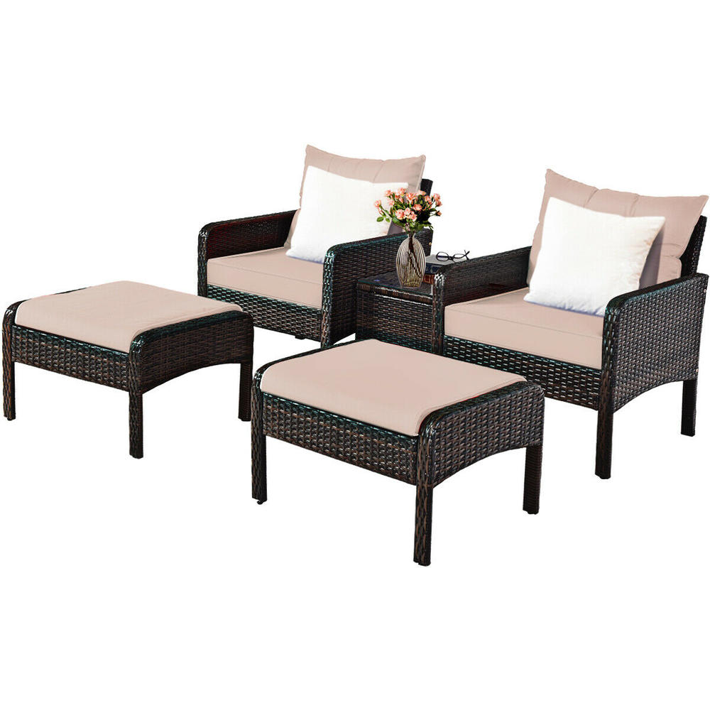 Costway 5 PCS Patio Rattan Wicker Furniture Set Sofa Ottoman Coffee Table Cushioned Yard