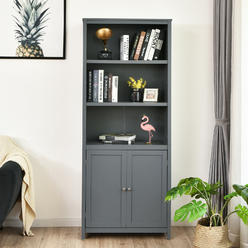 Costway Bookcase Shelving Storage Wooden Cabinet Unit Standing Bookcase W/Doors Gray