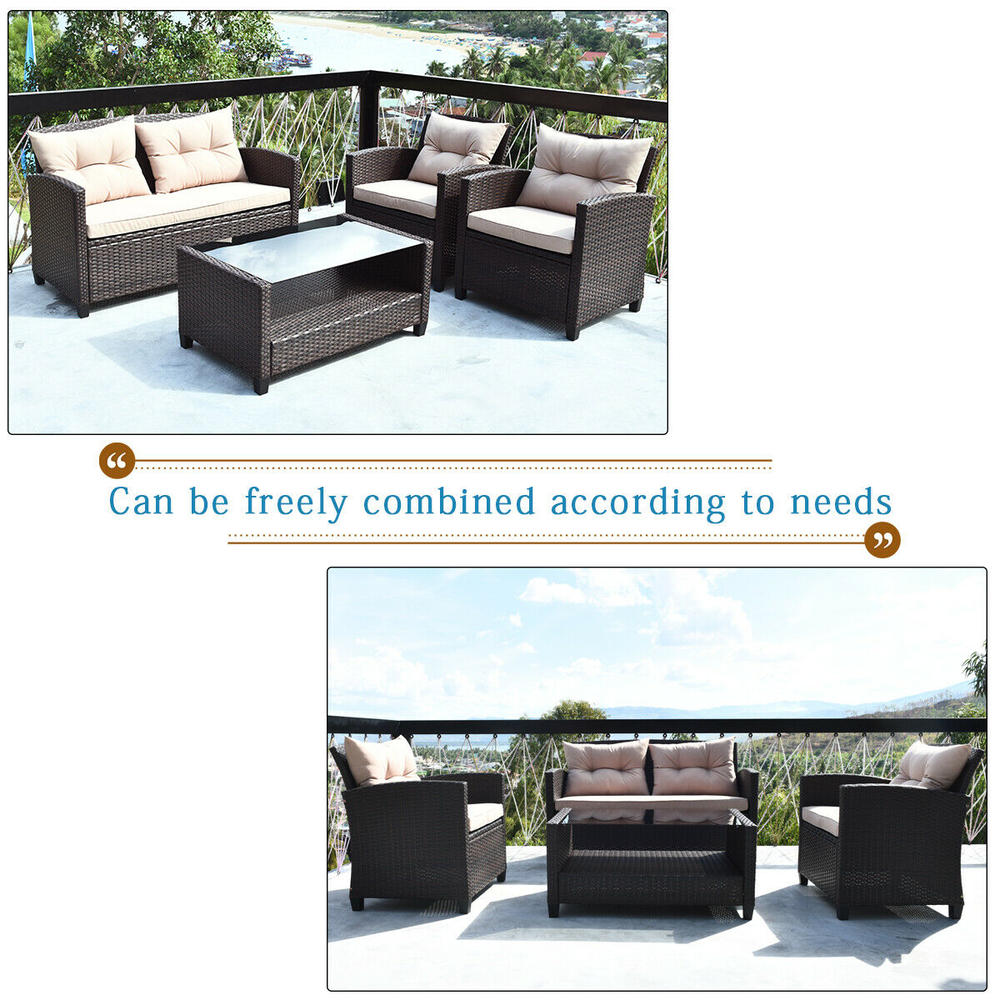 Costway 4PCS Outdoor Rattan Furniture Set Cushioned Sofa Armrest Table