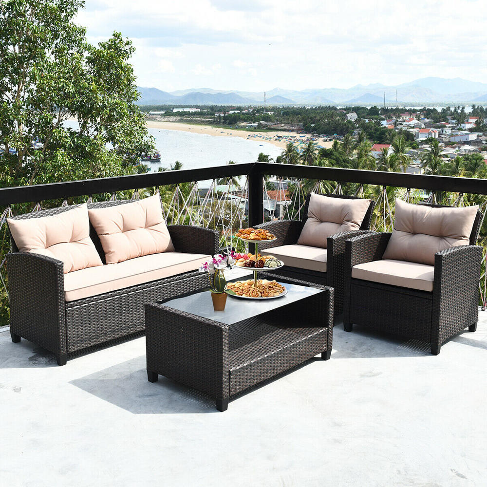 Costway 4PCS Outdoor Rattan Furniture Set Cushioned Sofa Armrest Table