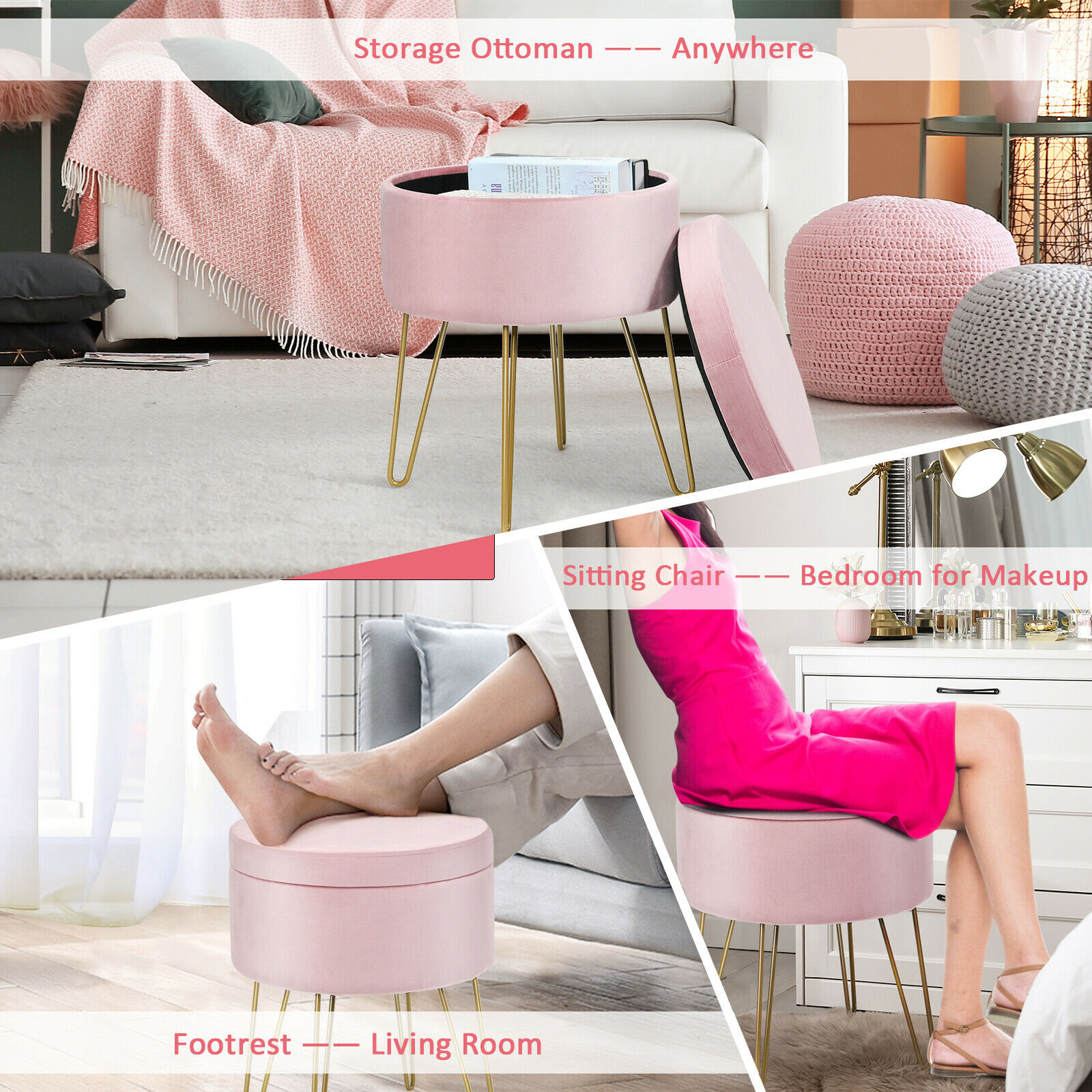 Costway Round Velvet Storage Ottoman Footrest Stool Seat Vanity Chair w/Metal Legs Pink