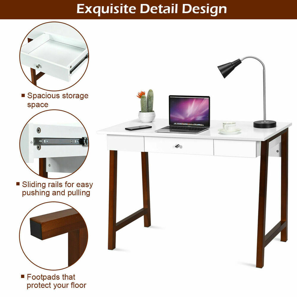 Costway Computer Desk Laptop PC Writing Table Makeup Vanity Table w/Drawer and Wood Legs