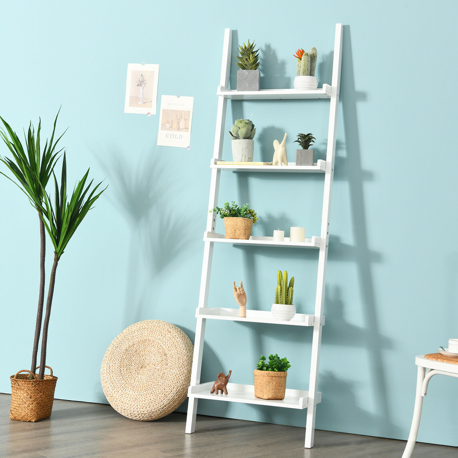 Costway Ladder Shelf 5 Tier Plant Stand, 5 Tier Leaning Wall Bookcase Shelf In White