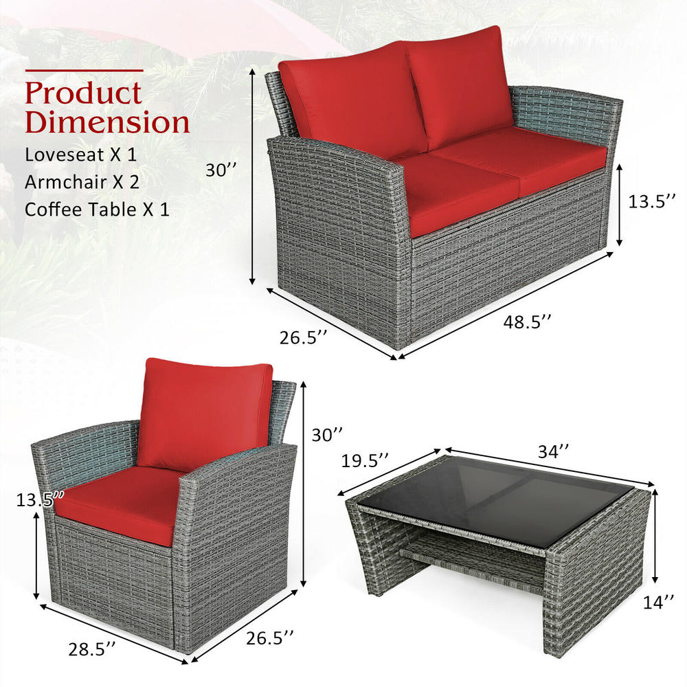Patiojoy 4PCS Patio Rattan Furniture Set Sofa Table W/Storage Shelf Red Cushion