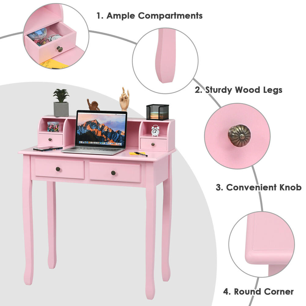 Goplus Writing Desk Makeup Vanity Table Home Office Computer Desk 4 Drawer Pink
