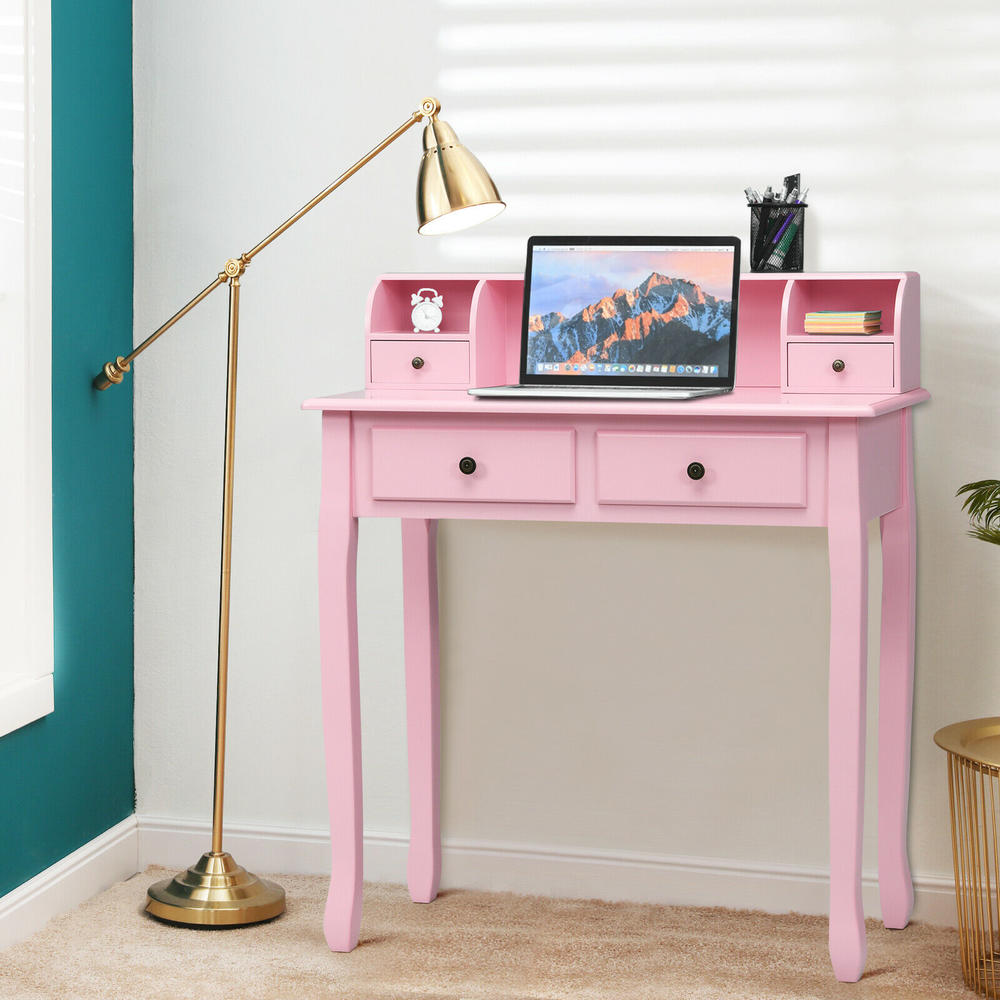 Goplus Writing Desk Makeup Vanity Table Home Office Computer Desk 4 Drawer Pink