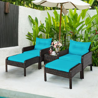 Costway Hw66651tu 5 Pcs Patio Rattan Furniture Set Sofa Ottoman Table Cushioned Turquoise