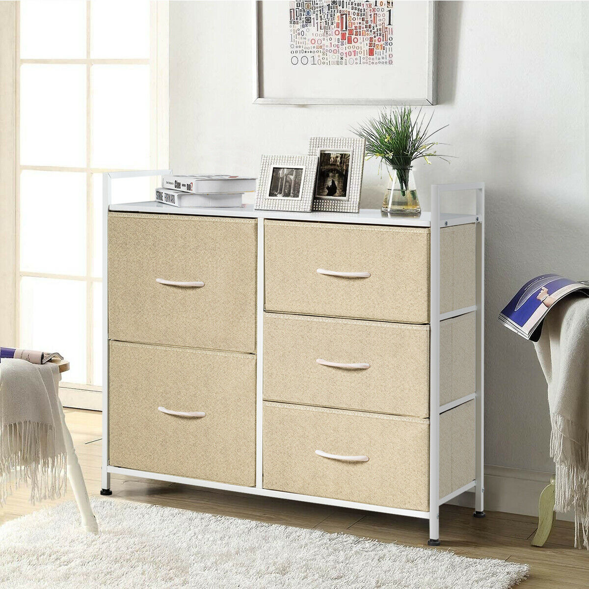 Costway 5 Drawers Dresser Storage Unit Side Table Display Organizer Dorm Room Beige