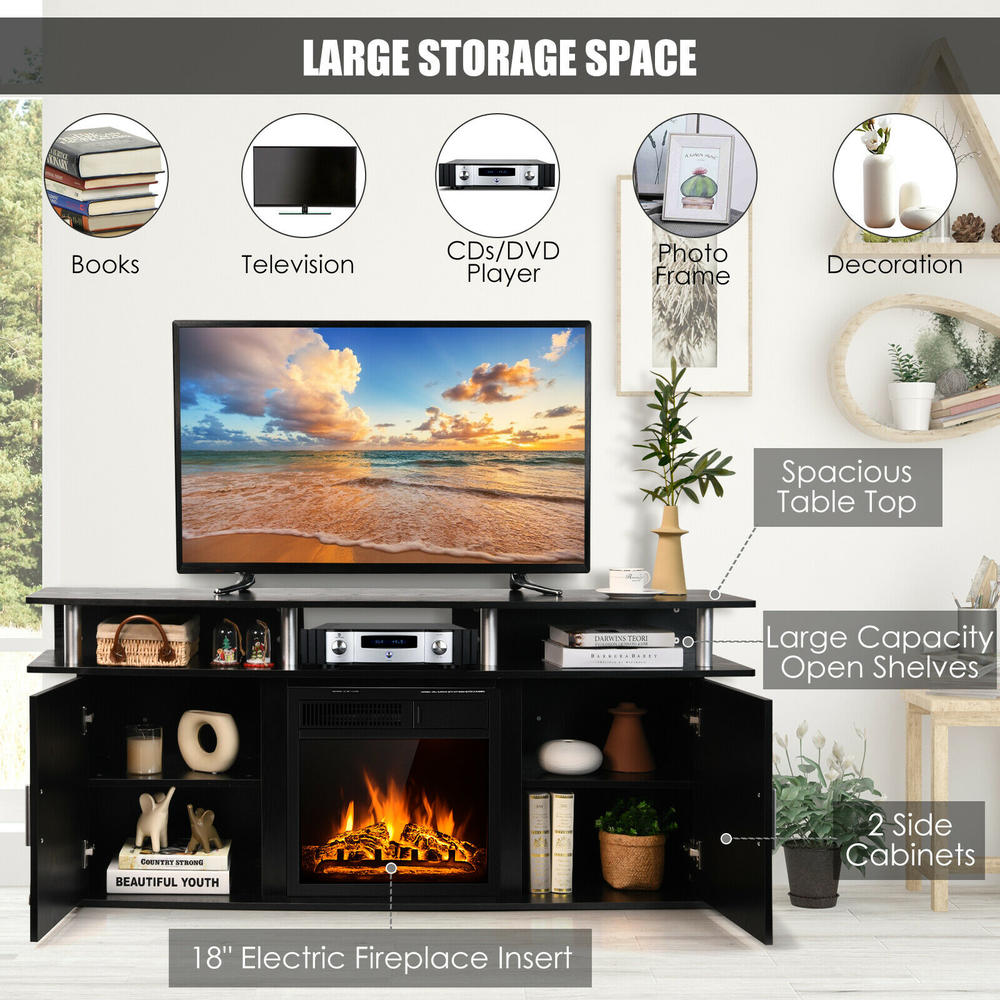 Costway 63" Fireplace TV Stand W/18" 1500W Electric Fireplace up to 70" Black