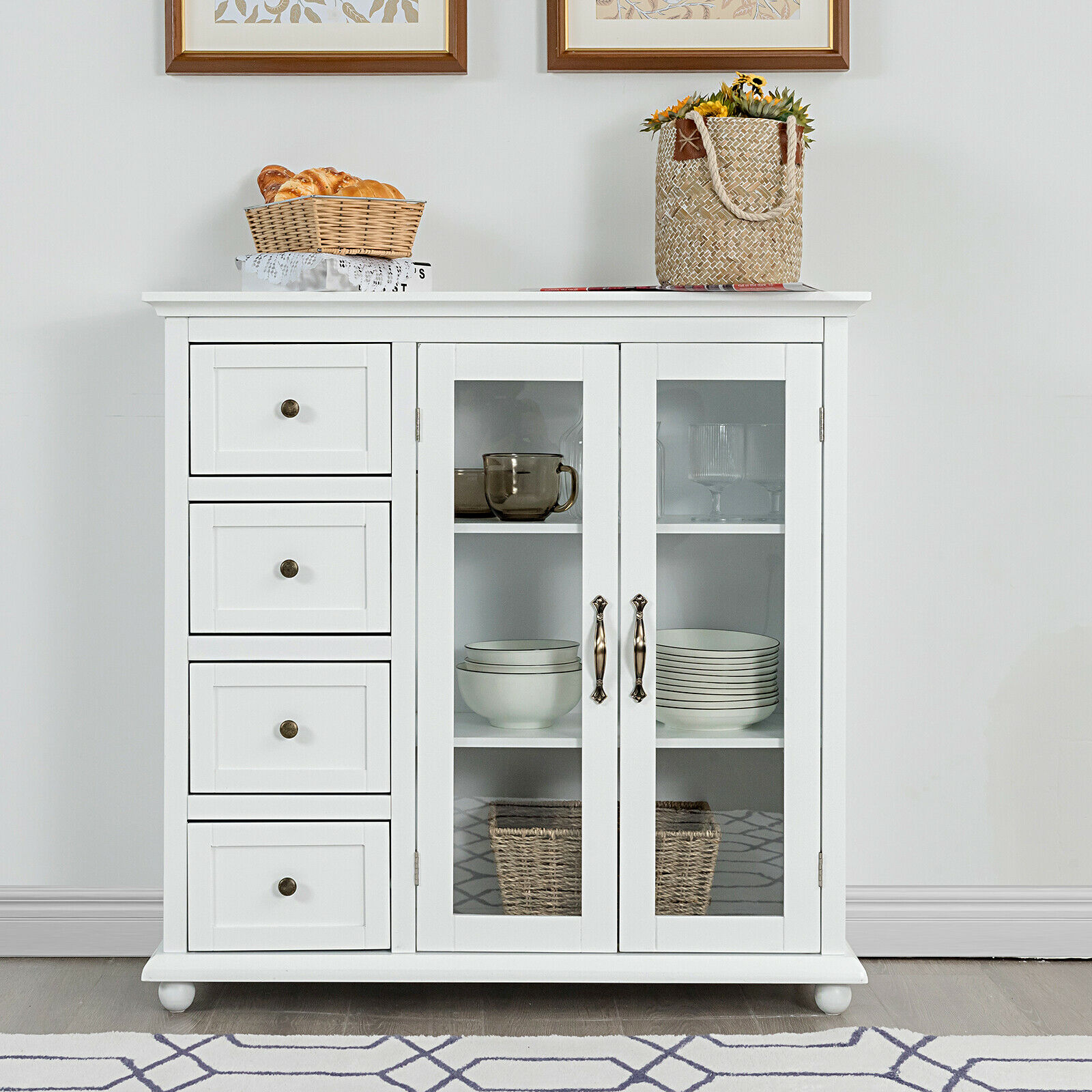Costway Buffet Sideboard Table Kitchen Storage Cabinet w/ Drawers & Doors  White