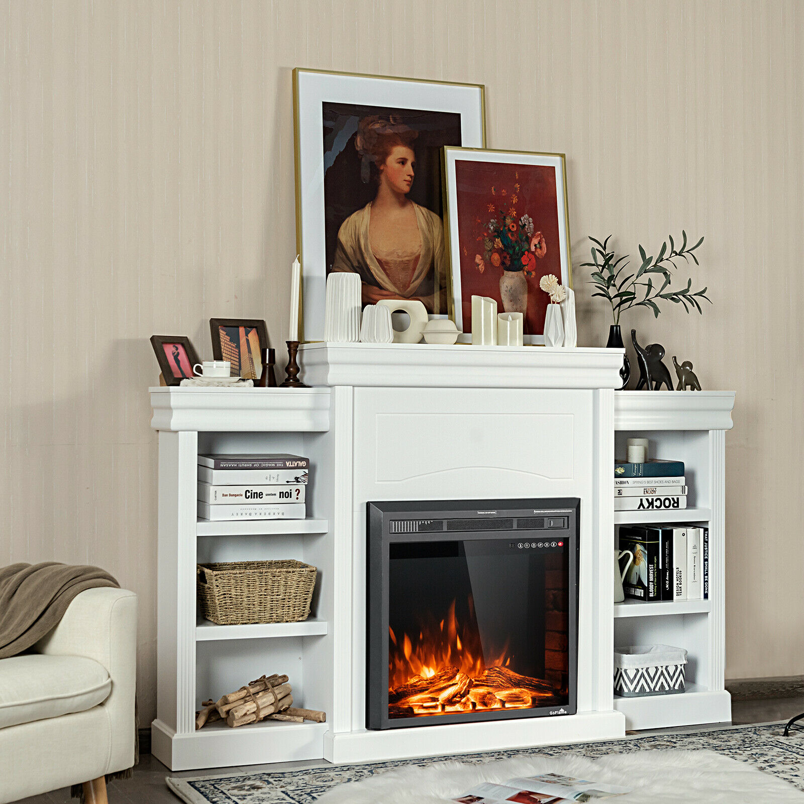 Costway 70Fireplace TV Stand Media W/ 26” 750W/1500W Electric Fireplace  White