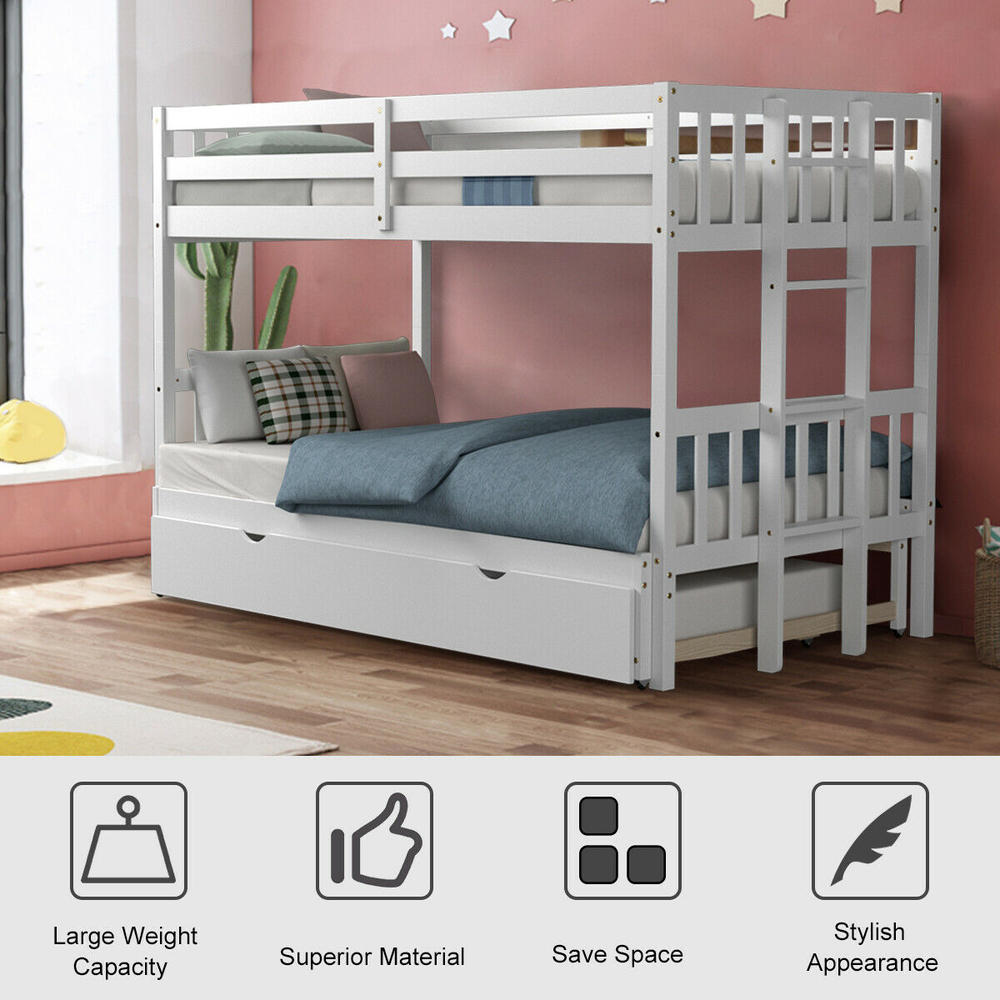 Costway Twin Over Twin Pull-Out Bunk Bed with Trundle Wooden Ladder White