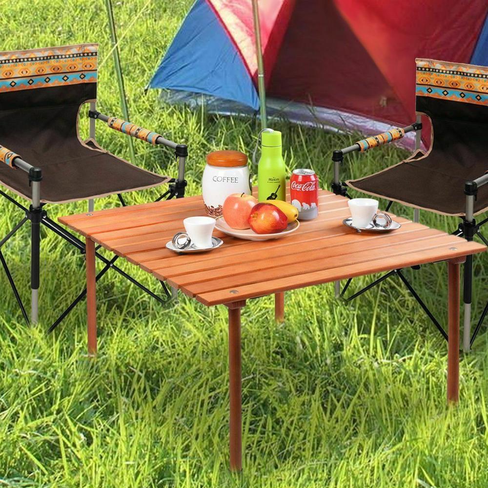 Costway Wood Roll Up Table Folding Camping Table Outdoor Indoor Picnic with Carry Bag