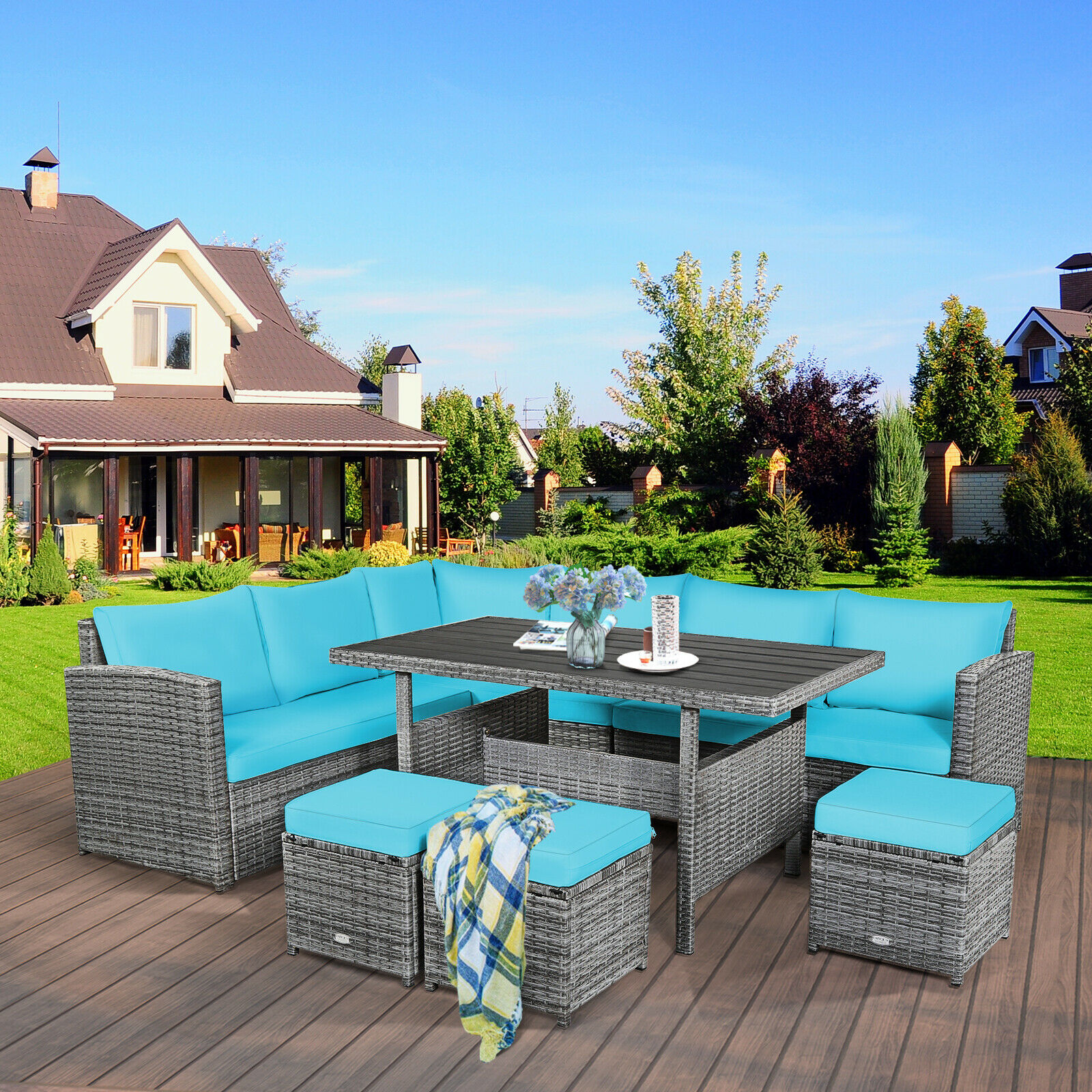 Patiojoy Hw67190atu 7 Pcs Patio Rattan Dining Set Sectional Sofa Couch Ottoman Turquoise