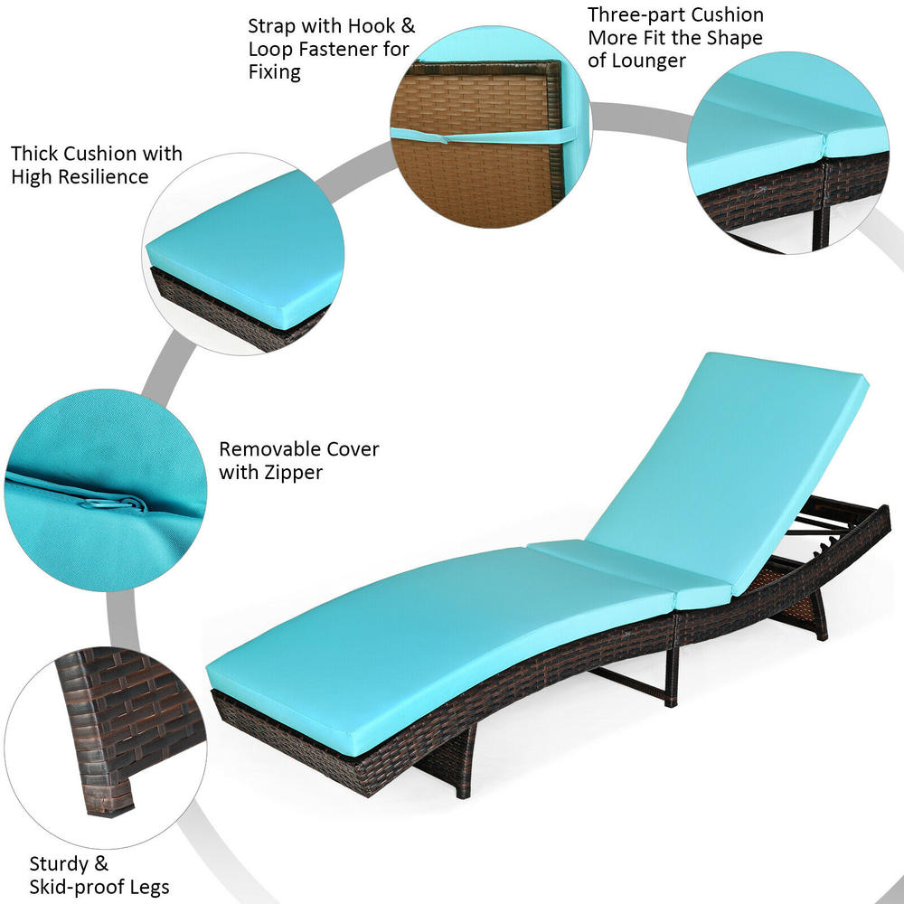 Patiojoy 2PCS Patiojoy Patio Rattan Folding Lounge Chair Adjustable Turquoise Cushion