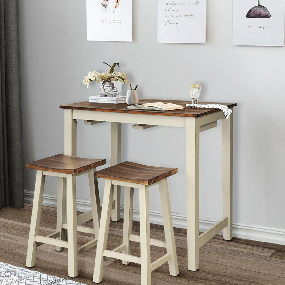 Costway 3 Piece Bar Table Set Counter, Bar Stool Set Of 2 With Table