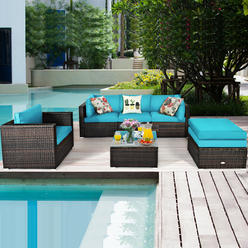 Patiojoy 6PCS Patio Rattan Furniture Set Cushion Sofa Coffee Table Turquoise
