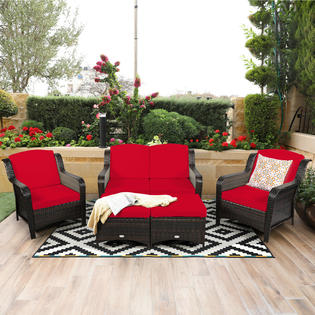 Patiojoy HW67702RE 5PCS Patio Rattan Furniture Set Loveseat Sofa