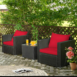 Patiojoy 3PCS Patio Rattan Wicker Furniture Set Sofa Table W/Cushion Yard Red