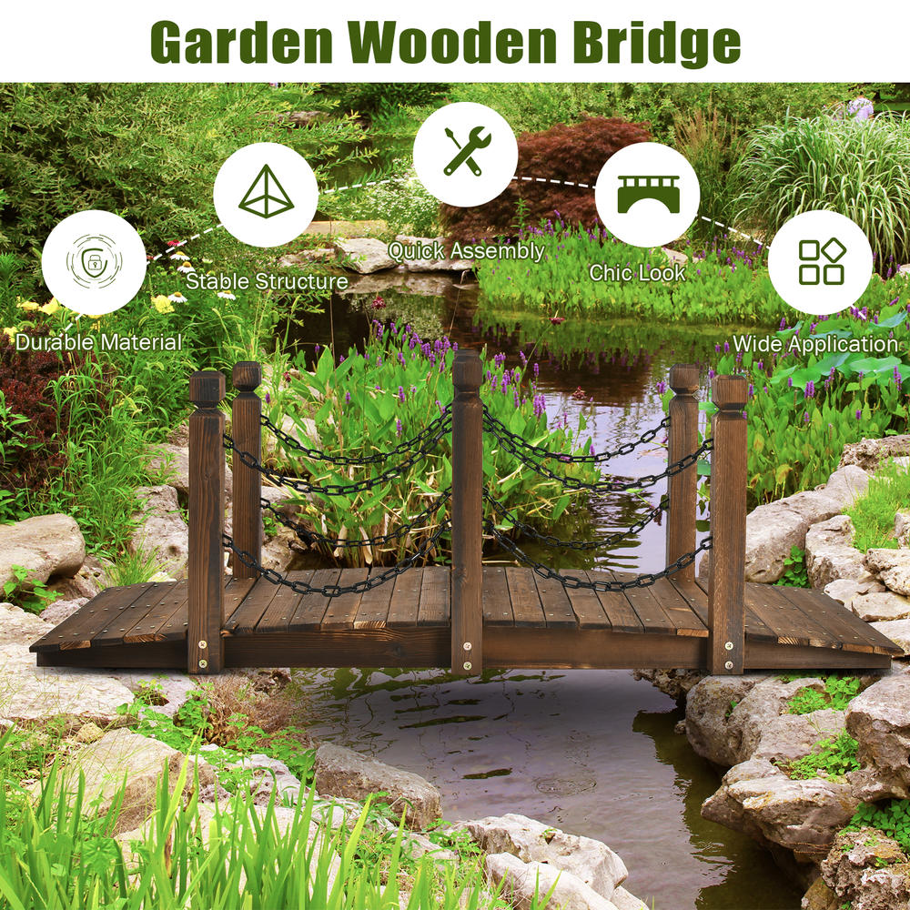 Patiojoy 5 ft Wooden Garden Bridge Arc Footbridge Stained Finish Walkway w/Rails