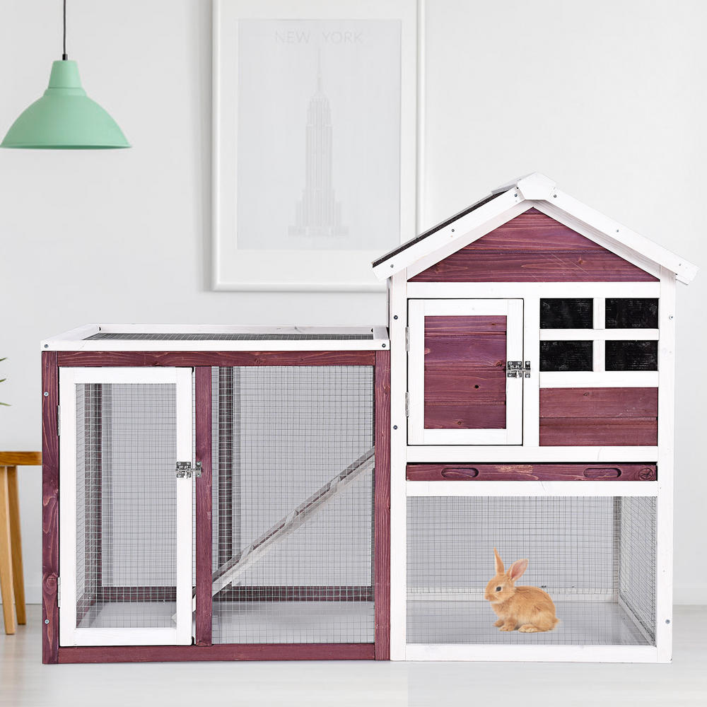 Petsjoy Wooden Chicken Coop Outdoor & Indoor Small Rabbit Hutch w/ Run White