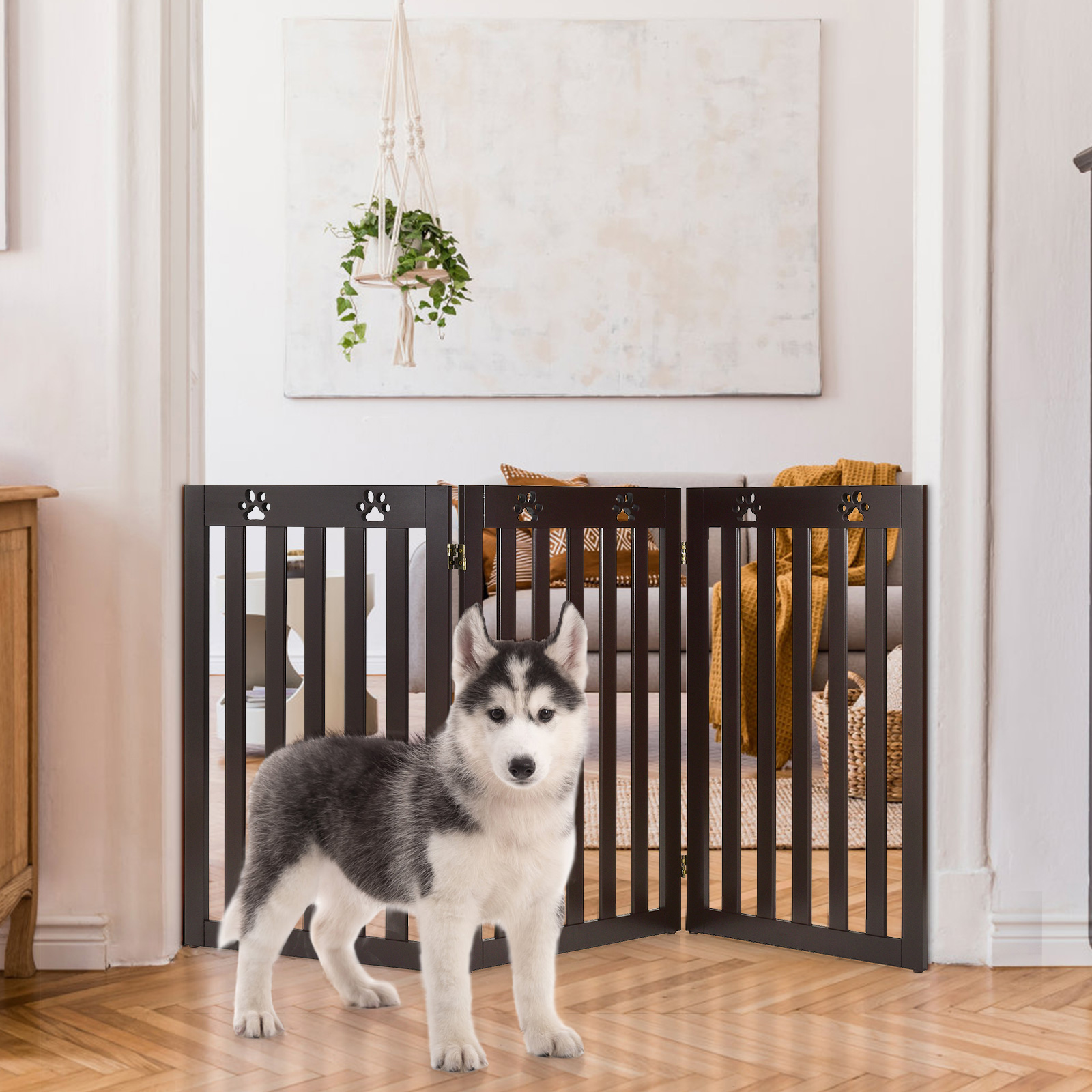 COSTWAY Foldable Pet Gate Stairs 152 x 60cm, White 60cm Step Over Safety Fence for Doorway Wooden Freestanding Dog Barrier with 360/° Flexible Hinges