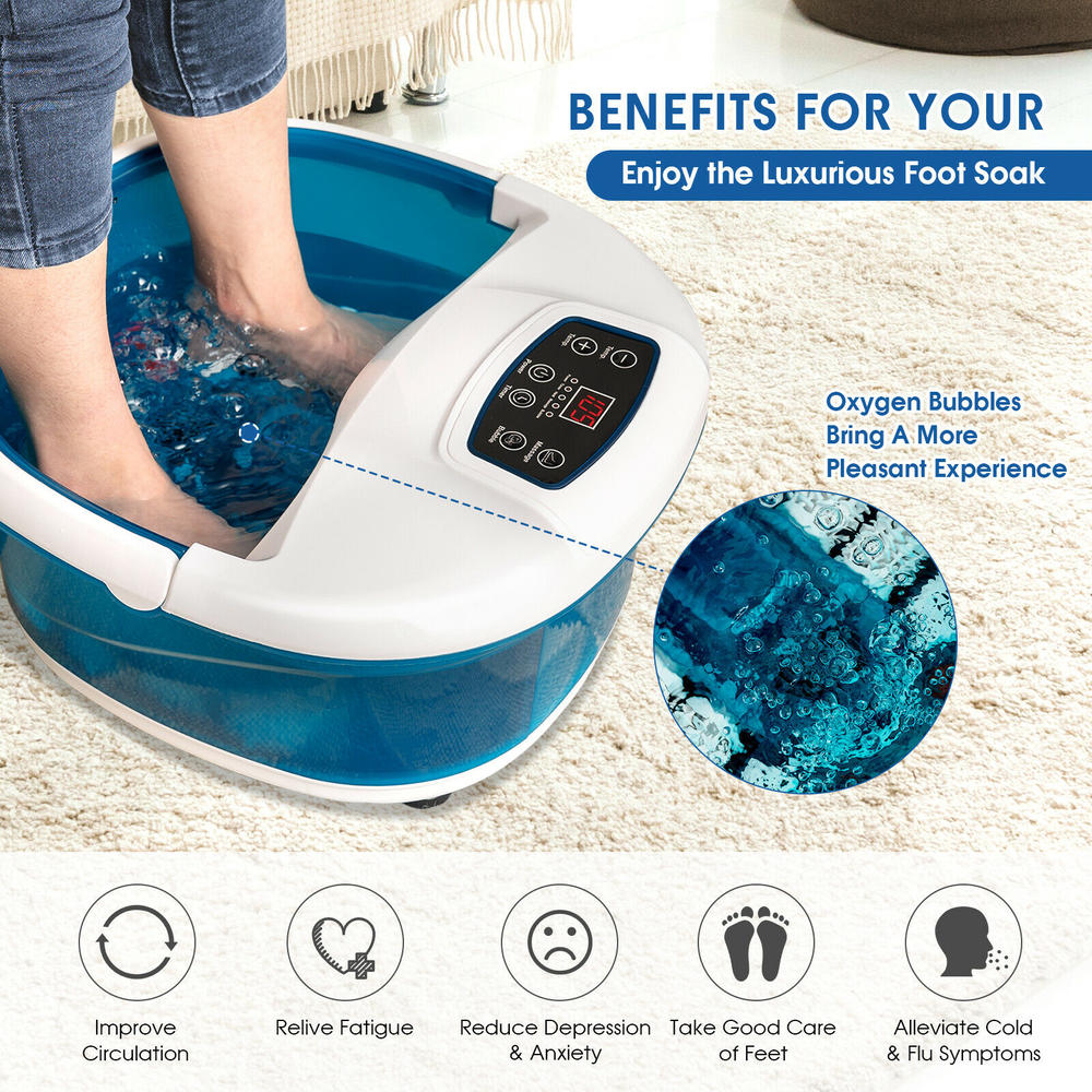 Costway Foot Spa Bath Tub w/Heat & Bubbles & Electric Massage Rollers Blue