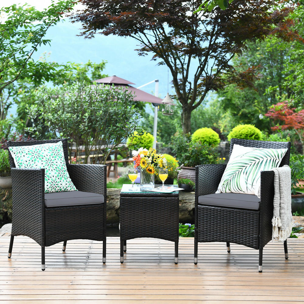 Costway Outdoor 3 PCS PE Rattan Wicker Furniture Sets Chairs Coffee Table Garden Gray